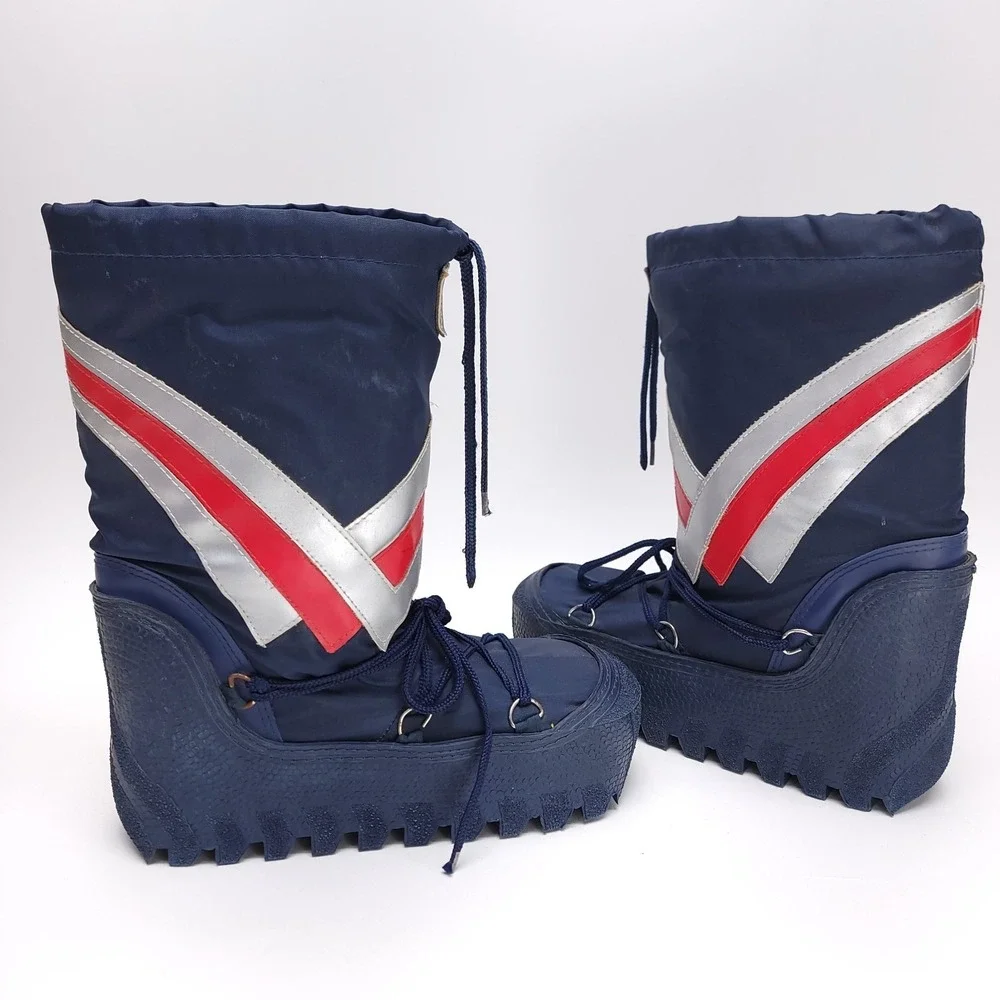 Vintage 80s Moon Boots Snow Retro Blue Silver Techno‎ Viking Napoleon Mens 9-10